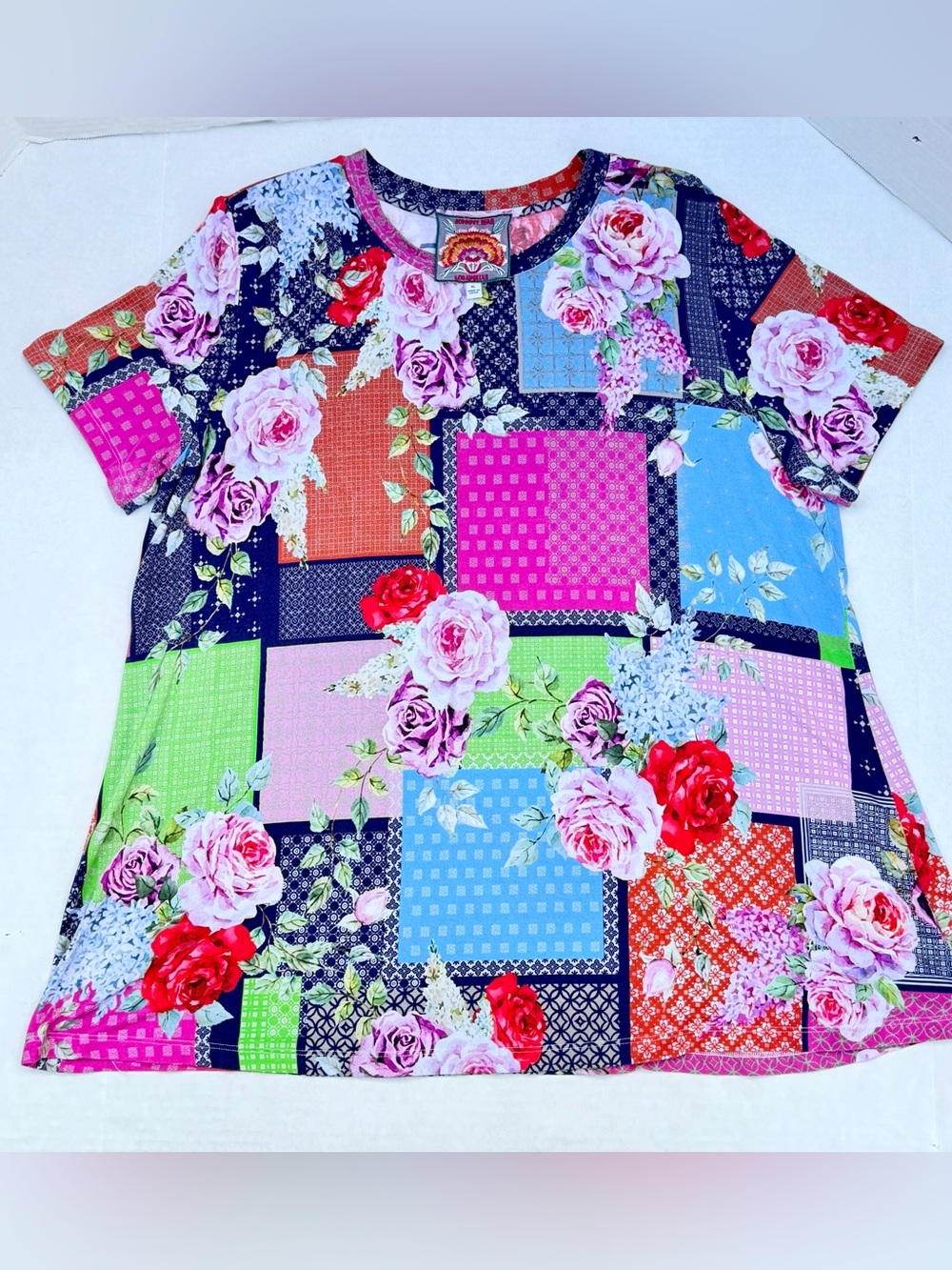 Johnny Was Multicolor Floral Patchwork Tee — Pink, Blue, Orange, Green Sz XL